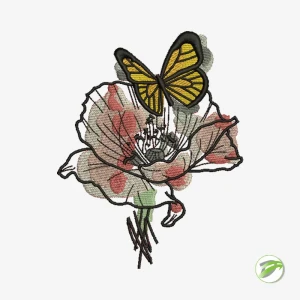 Poppy And Butterfly Digital Embroidery Design